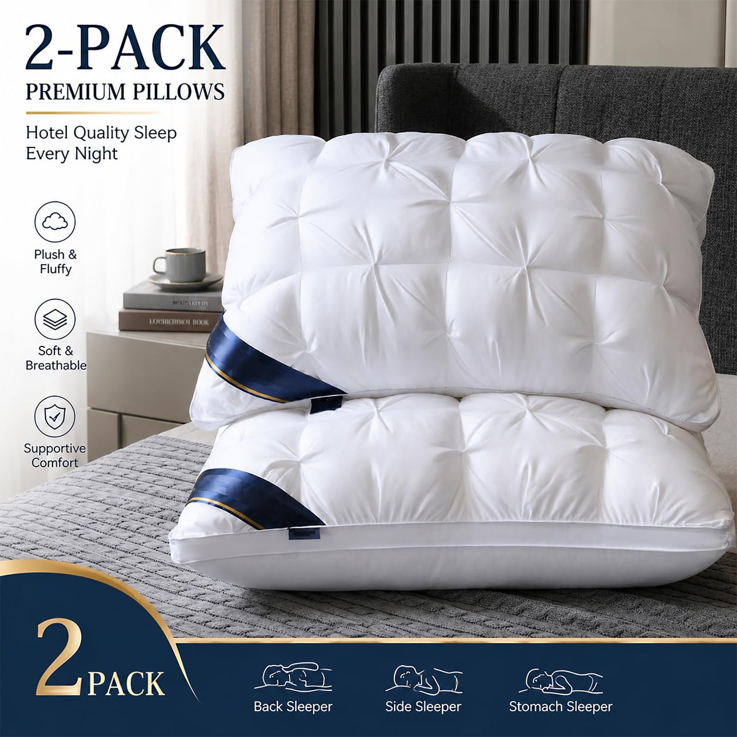 Piggypa Premium Bed Pillows 2 Pack, Ultra Soft Hotel Quality Pillows