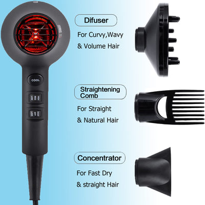 .Infrared Hair Dryer, Professional Salon Negative Ionic Blow Dryers for Fast Drying, Pro Ion Quiet Hairdryer with Diffuser & Concentrator & Comb （Black+Rose）